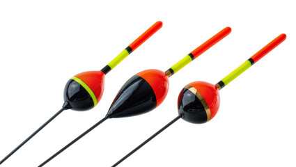 Three colorful fishing floats with red black, and yellow sections © Sylas