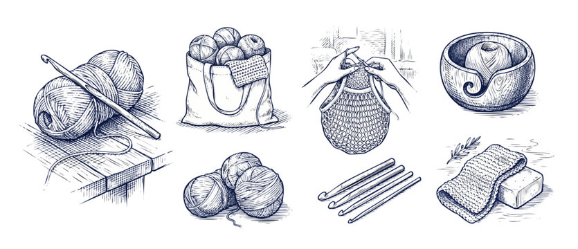 Crochet sketch set hand drawn yarn ball crochet hook needlework collection woodcut engraving style vintage hobby craft items illustration set isolated on white background for DIY handmade crafts maker