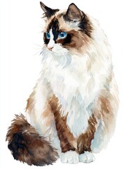 Fototapeta premium Fluffy Ragdoll Cat With Blue Eyes Sitting White Background Detailed Watercolor Painting