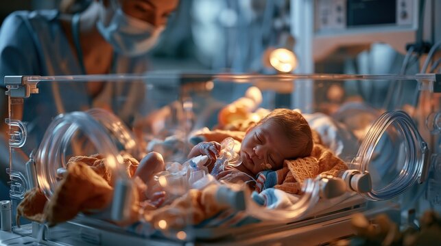 A premature newborn infant in a neonatal intensive care unit incubator, medical monitoring equipment surrounding the baby, soft warm lighting, caring nurse in the background