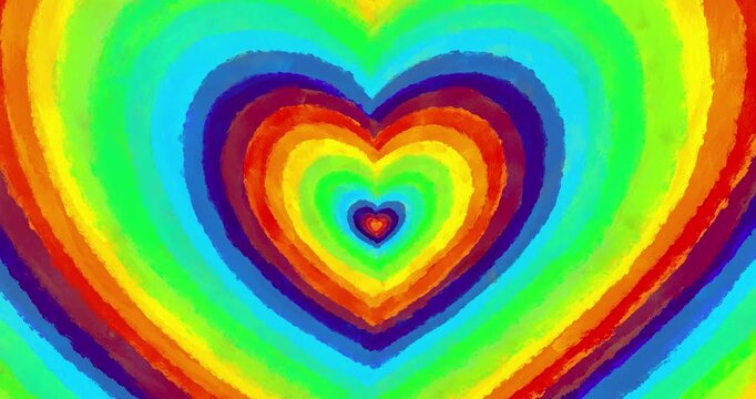 Rainbow color heart grow seamless loop grunge strobo background. Hand drawn cute texture cartoon crazy animation. Crazy doodle cartoon style frame by frame classic crayon paint old style animated.
