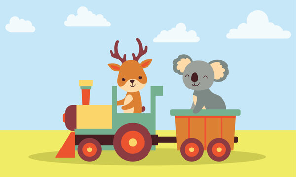 Fawn and koala cub with locomotive vector illustration