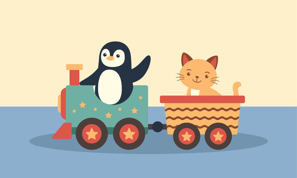 Penguin and cat with locomotive vector illustration
