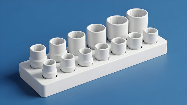 A collection of white cylindrical tubes on a rectangular base against blue background