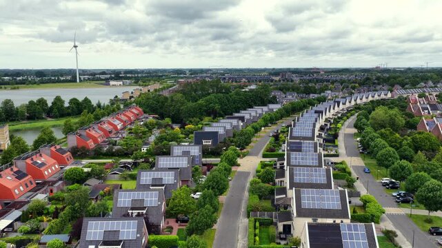 Modern residential neighborhood with solar panels in Europe