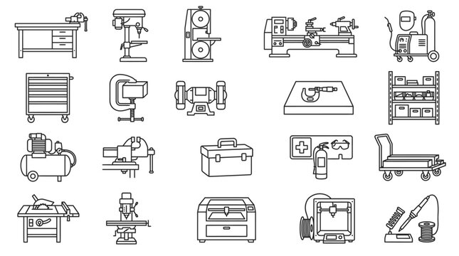 Workshop Tools Collection: A graphic set featuring various workshop equipment including a workbench, drill press, band saw, lathe, welder, tool chest, clamps, drill, workbench, and more.