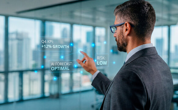 Business executive reviewing AI growth forecasts