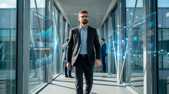 Business executive monitoring supply chain risk forecasts