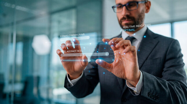 Business executive comparing operational scenarios in real time
