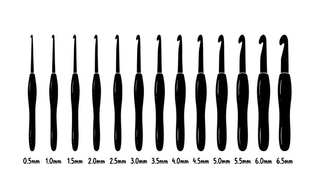 Black Crochet Hook Silhouette Icon Set with Multiple Needle Sizes for Fiber Arts Knitting and Handmade Craft Vector Collection