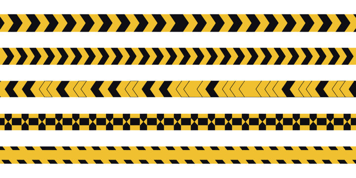 Caution tapes, black and yellow diagonal warning borders with chevron patterns for construction zones, crime scenes and safety signage.