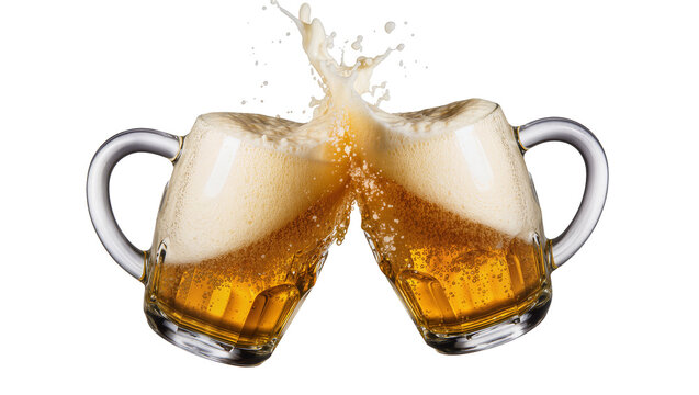 Two beer mugs clinking with frothy beer splashing