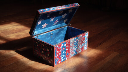 Fototapeta premium Chest featuring star patterns rests on wood flooring.