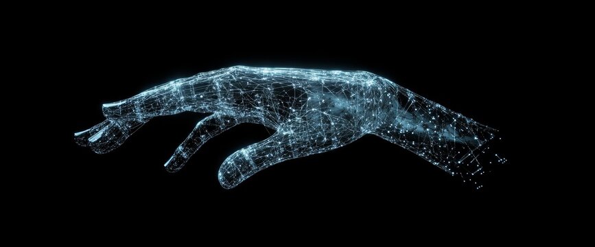 A digital hand with wireframe hologram fingers reaching out, on a black background. The human arm is made of glowing data points and lines representing the flow from neural networks into an AI system 