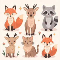 Fototapeta premium Adorable Woodland Creatures Collection Featuring Foxes, Deer, and Raccoons