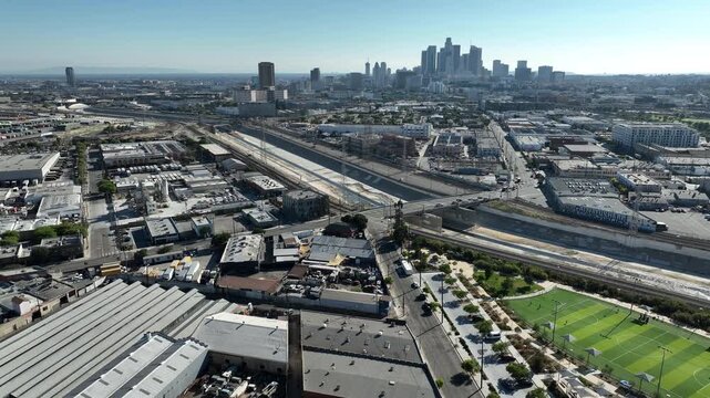 Los Angeles Downtown LA River from Lincoln Heights Aerial Shot R California USA