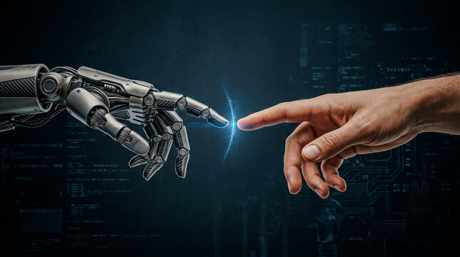 Robotic titanium hand human hand fingertips nearly touching dark, AI collaboration