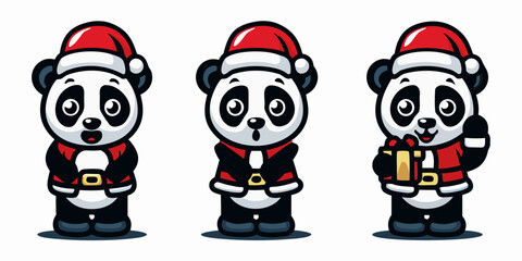 Three panda characters with santa hats colorful vector illustration © Raben