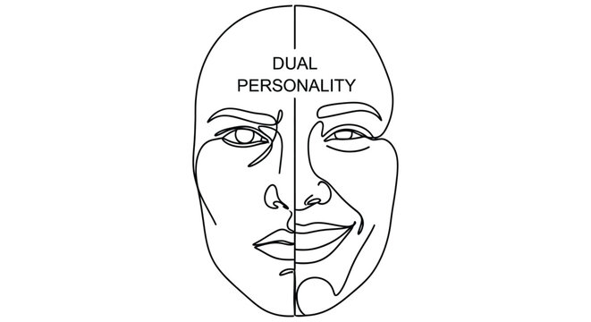 A split face illustration depicts the concept of dual personality