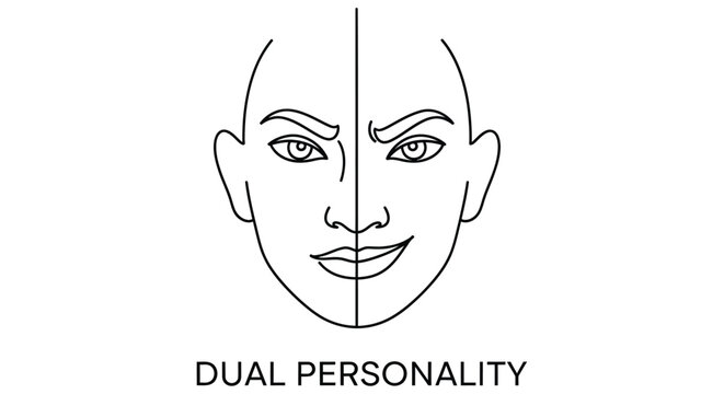 Symmetrical face split down the middle with the text dual personality
