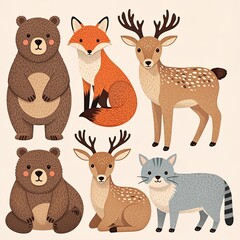 Naklejka premium A Charming Collection of Forest and Domestic Animals in a Whimsical Style