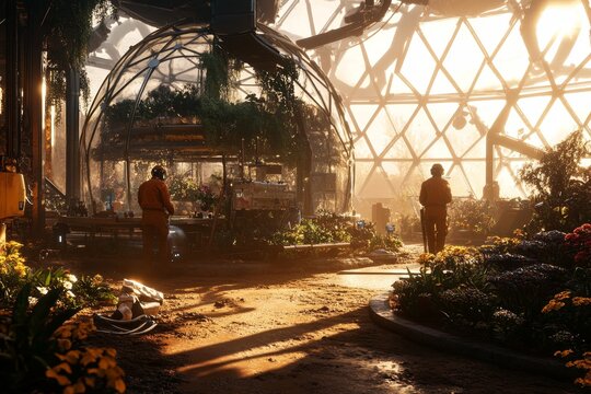 A photorealistic scene of people working in an open-air greenhouse on Mars, surrounded by various plants and flowers growing inside the dome