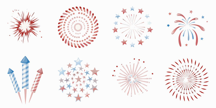 Firework Illustrations In Red And Blue Watercolor Style