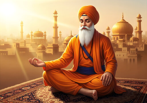 Sikh man with white beard and orange turban meditating in a peaceful lotus position with a historic temple background at sunset