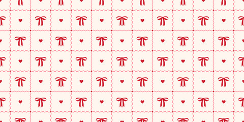 Naklejka premium Coquette seamless pattern with red bows and hearts. Irregular hand drawn chessboard background. Repeat print for tablecloth, wrapping paper and fabric. Cute wallpaper. Vector illustration
