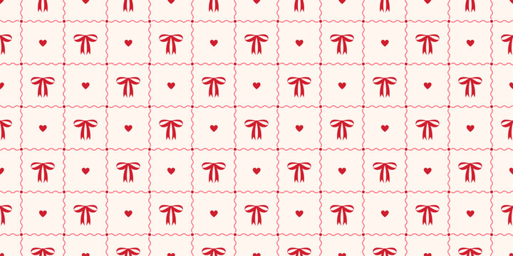 Coquette seamless pattern with red bows and hearts. Irregular hand drawn chessboard background. Repeat print for tablecloth, wrapping paper and fabric. Cute wallpaper. Vector illustration