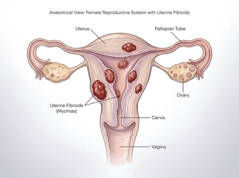 Anatomical illustration of the female reproductive system showing uterine fibroids or myomas
