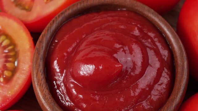 Tomato sauce in a wooden cup.