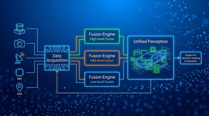 Obraz premium Autonomous driving sensor fusion system diagram with data acquisition, fusion engines, and unified perception