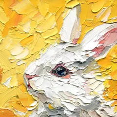 White rabbit portrait impasto oil painting with yellow textured background and palette knife strokes for nursery decor © Hanna