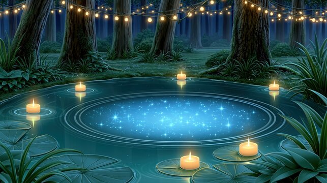 森の中の光り輝く池と水面に浮かぶキャンドル。幻想的な青い光と電飾に囲まれた夜の風景