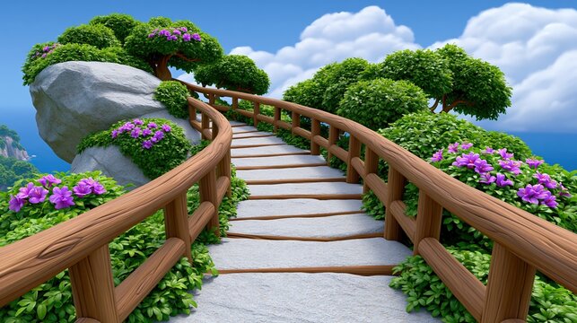 海を見下ろす崖の上の石畳の道と木製の柵。紫の花が咲く緑の茂みに囲まれた遊歩道。青い空と海が広がる明るい風景