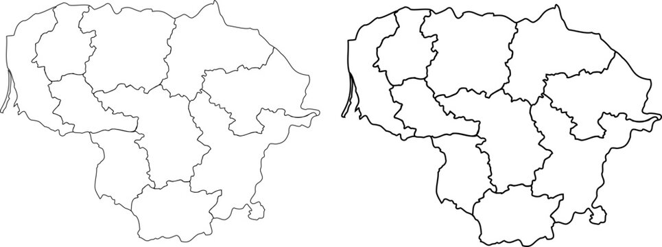 Lithuania map set outline regions black contour line flat vector
