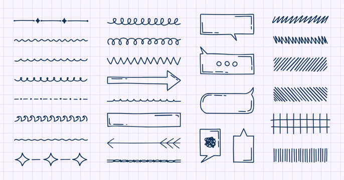 Abstract scribbles and doodles, swirls, frames, speech bubbles and graphic dividers, and decorative vector stickers and boredom drawings on the lined grid background.