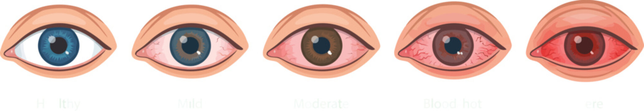 Set of human eye illustrations showing progressive stages of redness and inflammation from normal to severe irritation