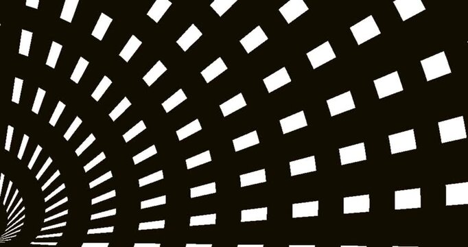 Abstract animation of white rectangles moving in a radial curved pattern, geometric tunnel effect on a black background.