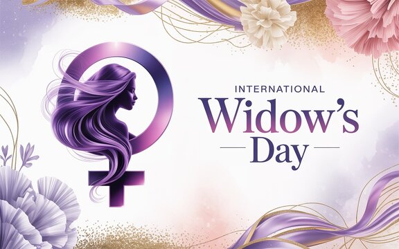 Purple female symbol with woman silhouette honors International Widow's Day.
