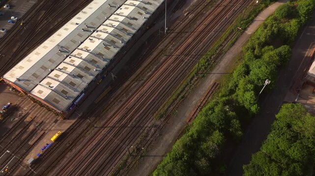 Newcastle upon Tyne UK: 25th May 2026: Drone footage captures Heaton Train Depot activity on a sunny morning with trains and tracks in view