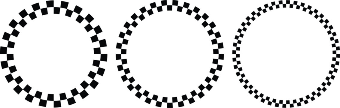 round frames with black and white checkered. Geometric warped grid rings. ircular geometric frameworks.  Circle checker frames