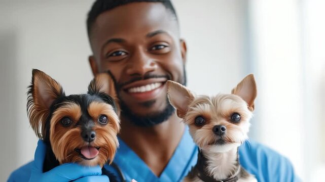 A smiling individual in medical attire holds two small, fluffy dogs. The scene suggests veterinary care or pet adoption, emphasizing warmth and professionalism in animal healthcare.