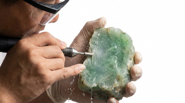 Craftsman carving raw green jade gemstone with rotary tool