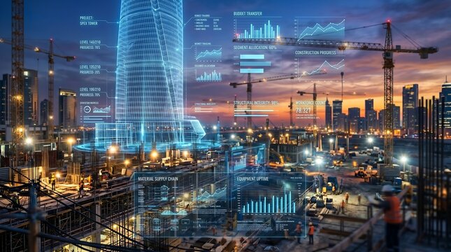 Digital twin technology in modern construction site with holographic building model and data analytics dashboard