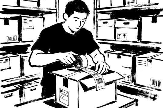 Worker packaging box shipping label stockroom