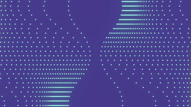 Seamless 4K motion graphics loop. Cyan mint dots rhythmically shift horizontally against a deep purple background. This procedural fluid point cloud animation is perfect for vibrant tech projects