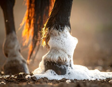Backlit Horse Hoof Covered in White Foam on Muddy Ground Outdoors