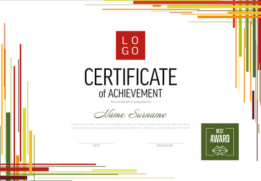 Modern Certificate of Achievement with Colorful Geometric Lines Template with Editable Content